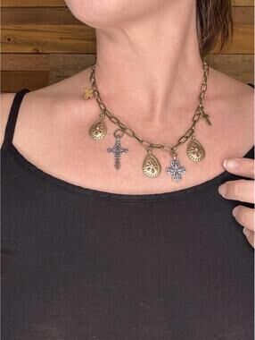 Handmade Cross Necklace -Multiple Crosses/Charms Mixed Metal Chunky Junk Boho